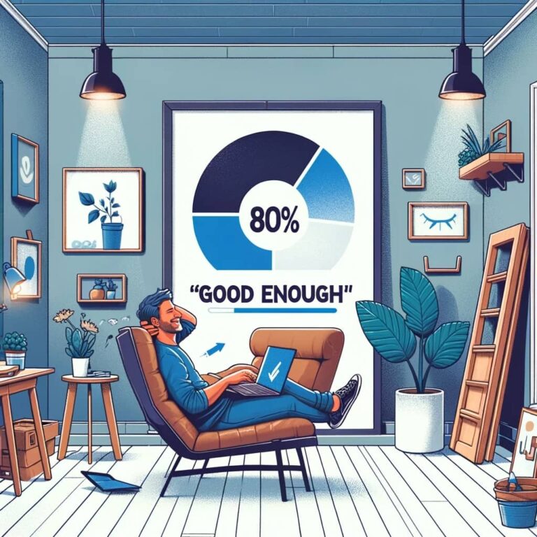 The illustration showcases the concept of embracing 'good enough' in a warm and inviting setting, highlighting the positive and productive aspects of this approach in our everyday lives.
