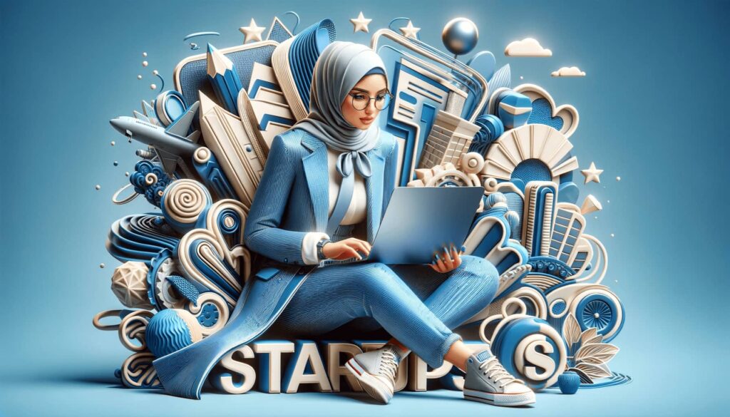 3D illustration of a vibrant 20-year-old blogger wearing a hijab, immersed in her work on a laptop. She's depicted in a chic blue and white pant coat ensemble, set against a backdrop that creatively showcases entrepreneurship and innovative ideas.